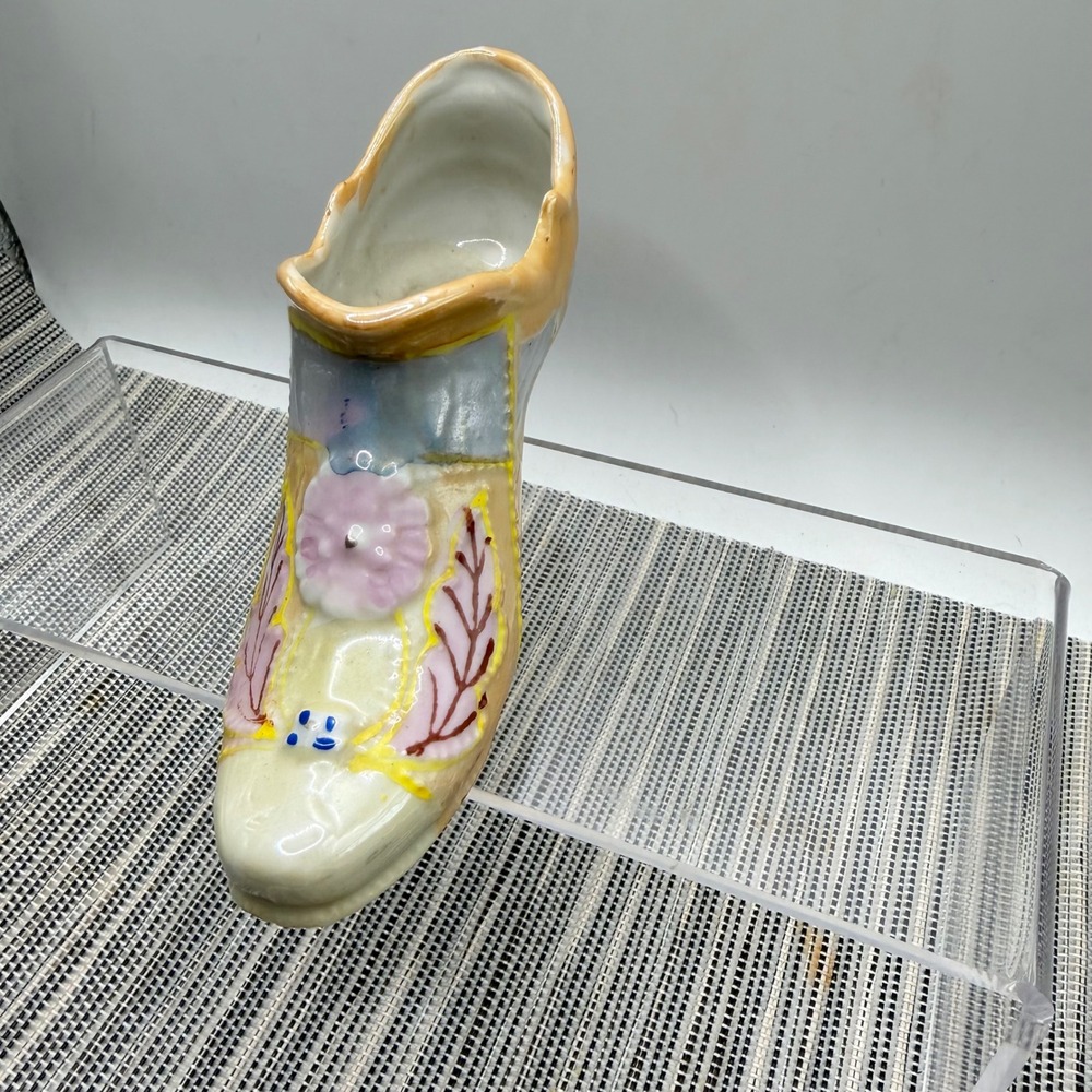 Vintage Hand Painted Ceramic Shoe Figurine Floral Victorian Boot Made in Japan